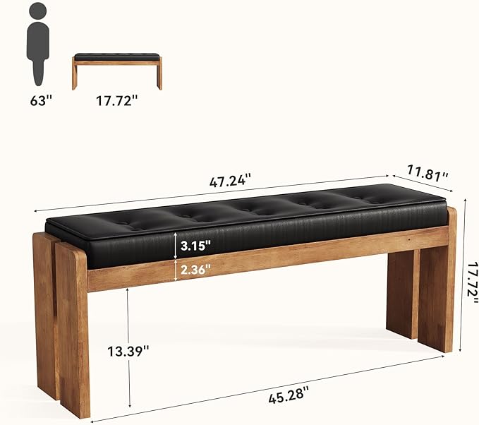 TRIBEWOOD 47-Inch Solid Wood Entryway Bench, Modern End of Bed Bench with Button-Tufted Leather Pad and Wooden Legs, for Living Room, Bedroom, Kitchen, Hallway, Black & Brown