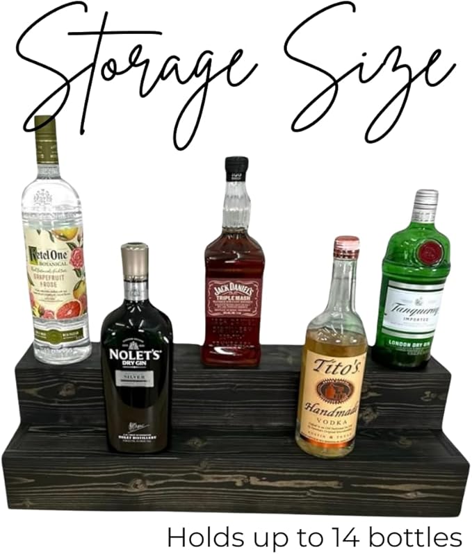 2 Tiered Liquor Bottle Display Shelf ??Holds Up to 14 Bottles Bar Organizers for Wine & Whiskey ??Free Standing Bottle Stand for Home, Bar Decor ??Wooden Kitchen Counter Shelf, 24" Black