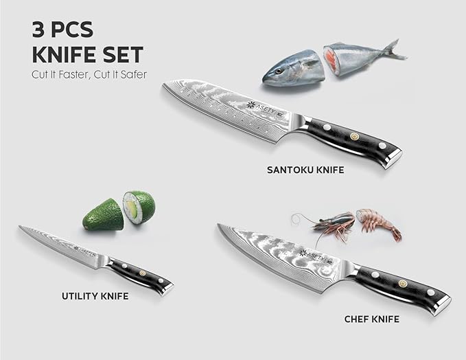 Damascus Kitchen Knife Set 3 PCS: NSF Food-Safe Japanese Knives with VG10 Steel Core, Ultra-Sharp Professional Chef Knife Set and Full Tang G10 Handle, Elegant Box