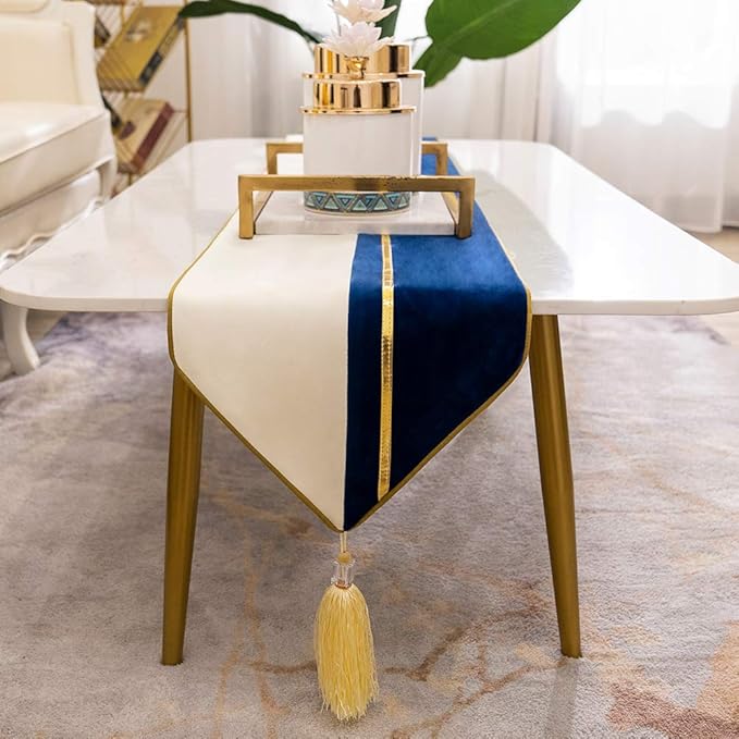 Avigers 12 x 59 Inch Decorative Luxury Navy Blue White Gold Leather Striped Patchwork Velvet Table Runners with Tassels for Home Living Room Bedroom Art Decor Wedding