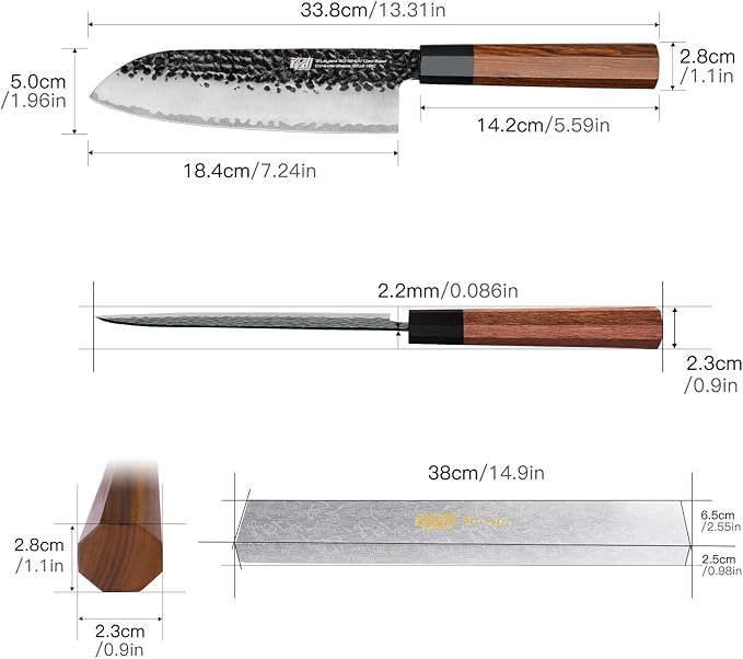 FINDKING Dynasty Series Japanese Santoku Knife, Professional Kitchen Knife, 9Cr18MoV High Carbon Steel Blade, African Rosewood Octagonal Handle, for Meat, Fruits, Vegetables, 7 Inches