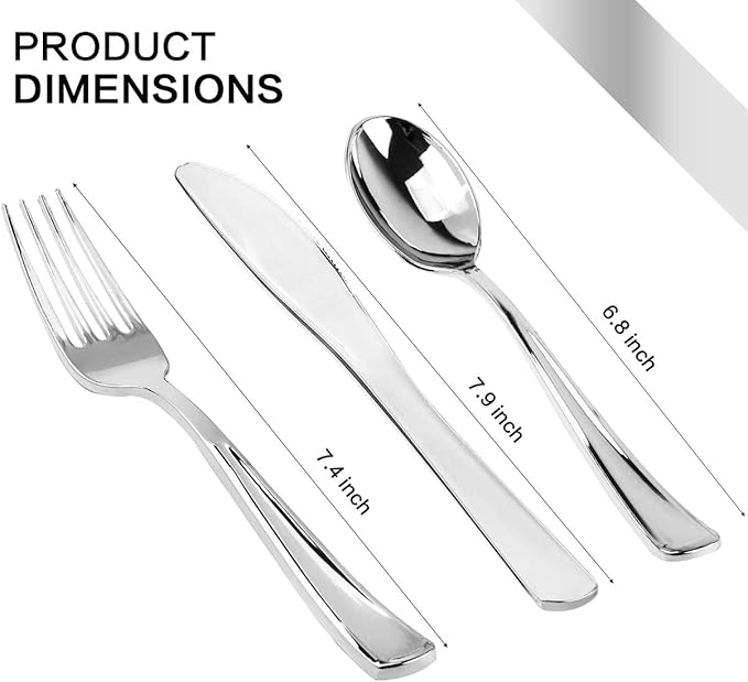 癤?75 Piece Silver Dinnerware Set,25 Silver Rim Plastic Plates, 25 Cups,25 Pre Rolled Napkins with Plastic Silverware, Disposable Dinnerware Set for 25 Guest