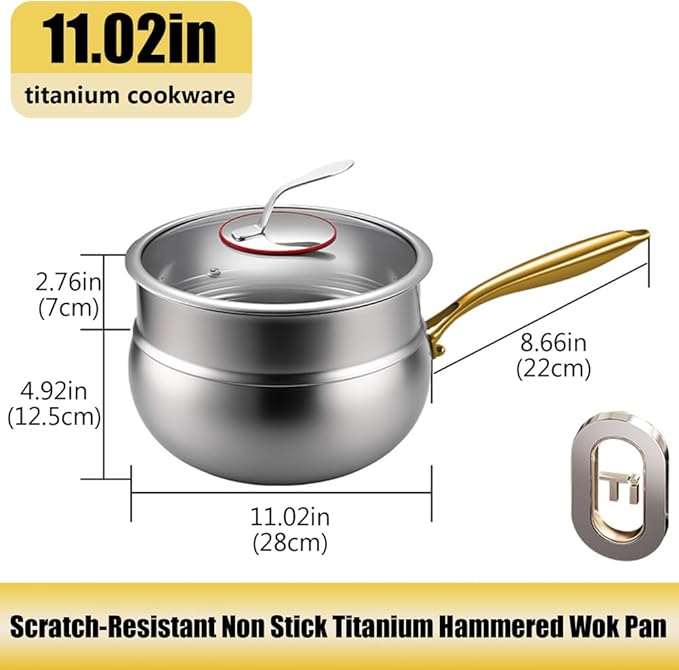 Titanium Hammered Pan with Lid, Thickened Multi-Layer Titanium Wok Pan, Scratch-Resistant Non Stick Stock Pot, Even Heating for Cooking,With steamer,11.02IN