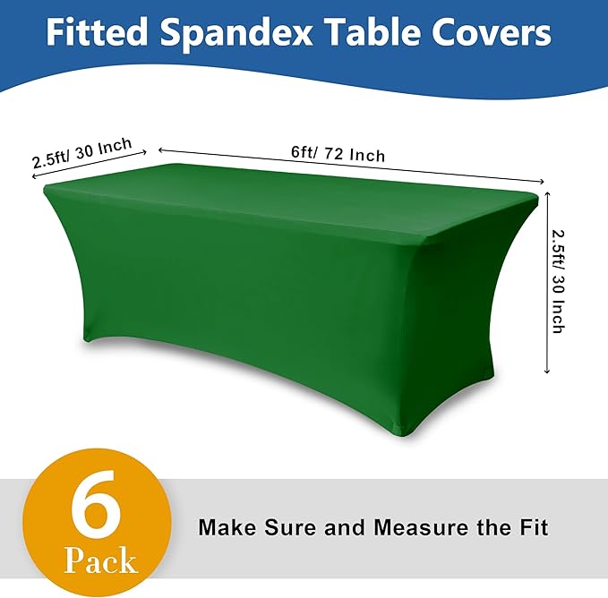 Enjoyidea Stretch Table Cover for 6 Foot Rectangle Tables-6 Pack Green Spandex Fitted Tablecloth-Elastic 6ft Christmas Tablecloths for Party, Vendor Booth Display, Banquet Buffet, Craft Trade Show