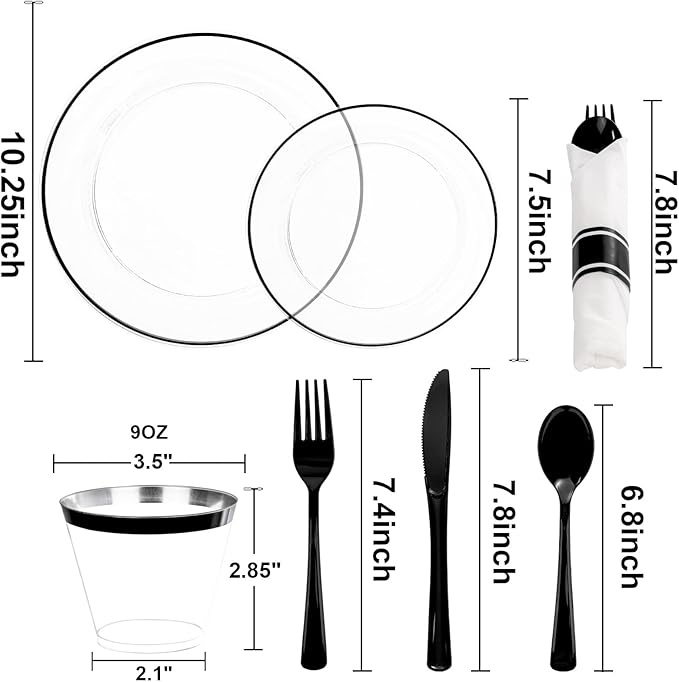 SUT 175 Pcs Black and Clear Plastic Dinnerware Set for 25 Guests, Include: 25 Dinner Plates, 25 Dessert Plates, 25 Pre Rolled Napkins With Silverware, 25 Cups, Disposable Plates for Party