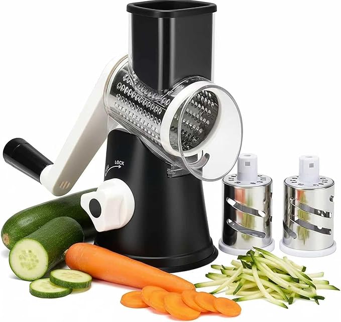 Manual Multi-Function Vegetable Slicer & Grater ??Interchangeable Blades for Shredding, Slicing, Shaving (Vegetables, Cheese, Nuts) (1, Black)