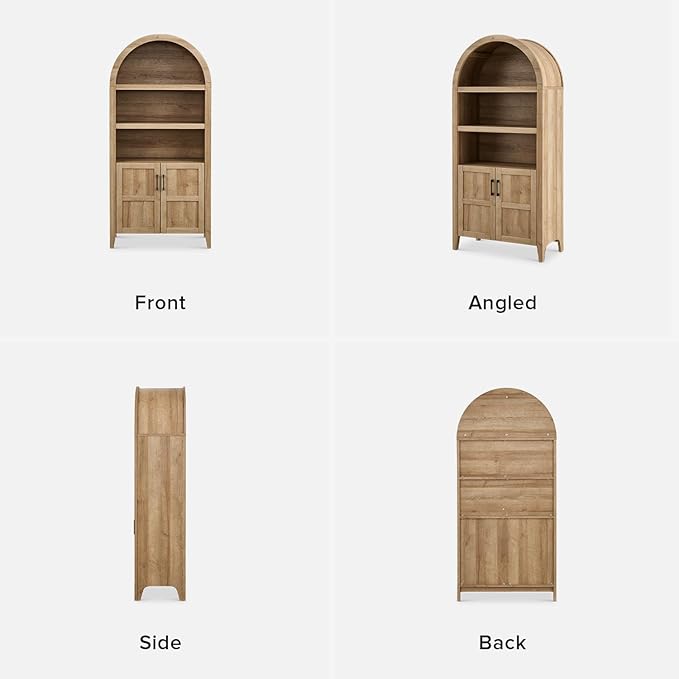 mopio Lauren 65.4" Short Arched Cabinet, The Original 5-Tier Bookcase with Doors and Shelves, Mini Arch Bookshelf with Storage, Wooden Storage Cabinet for Living Room and Kitchen Pantry (Oak)