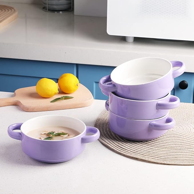 Sweejar Ceramic Soup Bowls with Double Handles, 20 Oz Stacked Bowls for French Onion Soup, Cereal, Pot Pies, Stew, Chill, Pasta, Set of 4 (Purple)