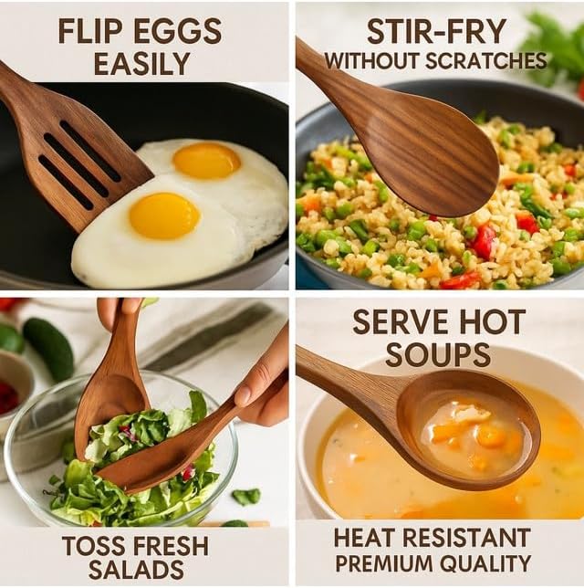 Natural Teak Wooden Spoons for Cooking & Serving Spoons | 9-Piece Home and Kitchen Wooden Utensil Set with Utensil Holder & Spoon Rest | Durable and Non-Stick Wooden Kitchen Utensils Set