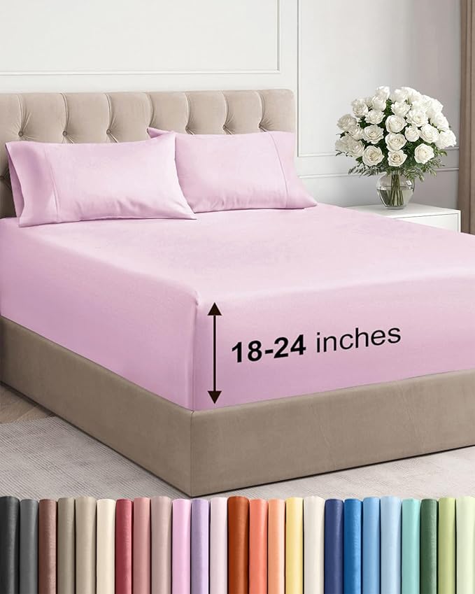 Extra Deep Pocket Full Sheets - 4 Piece Breathable & Cooling Bed Sheets - Hotel Luxury Bed Sheet Set - Soft, Wrinkle Free & Comfy - Easily Fits Extra Deep Mattresses - Deep Pocket Light Pink Sheets