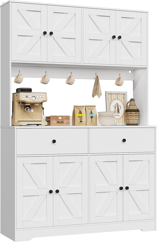 71" Tall Kitchen Pantry Storage Cabinet with Charging Station, 47.2" Wide Kitchen Hutch Cabinet with Large Countertop, Farmhouse Food Pantry with Drawers for Living Room, White