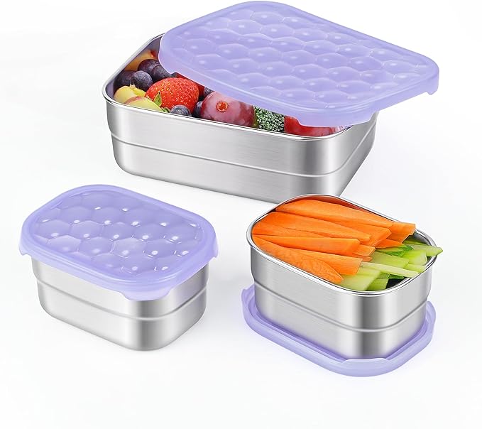 Tanjiae Small Stainless Steel Lunch Containers for Kids | Leak Proof BPA Free Snack Containers with 100% Pure Silicone Lids - Perfect Metal Lunch Box with Lids for School and Daycare (25oz+8oz*2)