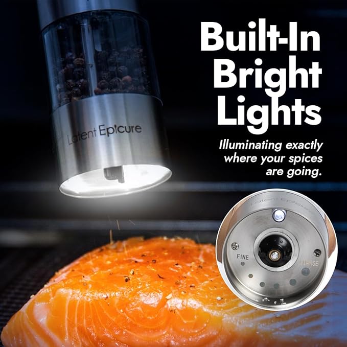 Electric Salt & Pepper Grinder Set ??USB-C Rechargeable Stainless-Steel Mills & Shakers with LED Light, Adjustable Ceramic Grinders & Acrylic Rest Tray