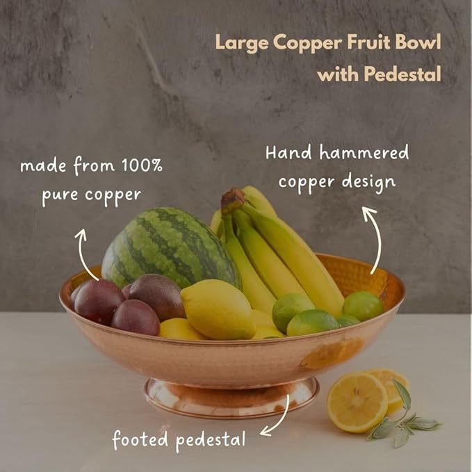 Copper Fruit Bowl for Kitchen Counter, Decorative Bowl, Table Centerpiece, Kitchen Storage, Home Decor, Copper Accessories, Pedestal Bowl (Large 15")