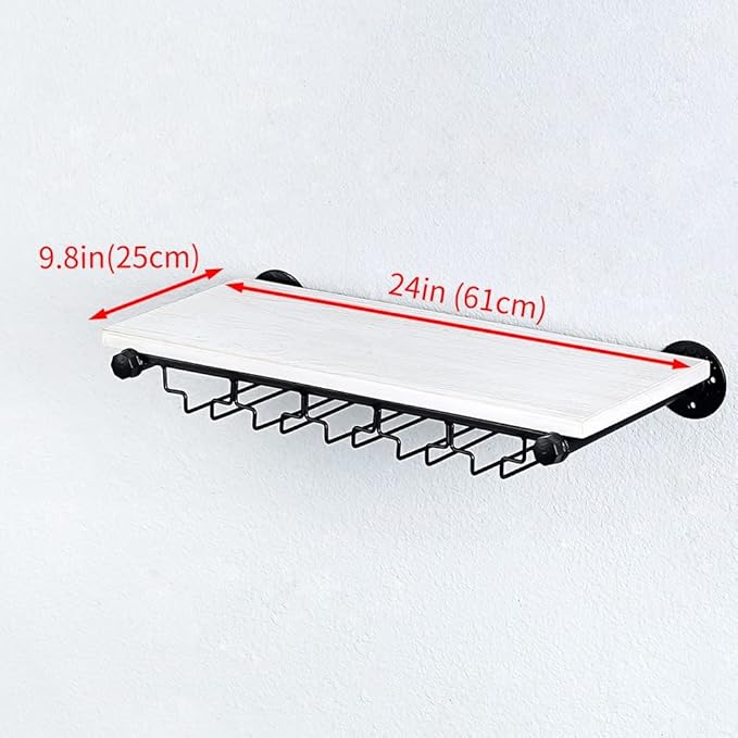 Industrial Wine Rack Wall Mounted with 5 Glass Holder,Wine Glass Rack Floating Wine Glass Shelf,24in Pipe Shelving Hanging Wood Shelves