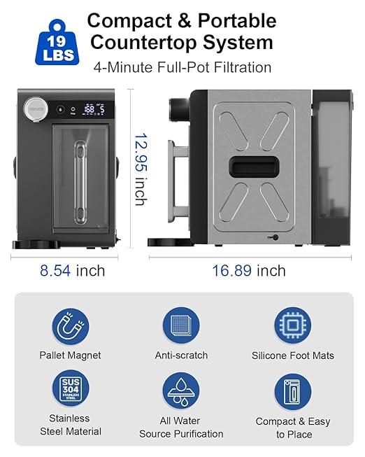 Portable Countertop Reverse Osmosis Water Filter, NO Installation,RO Water Filters for RV,Camping and Outdoors Travel. 3:1 Pure to Drain,3 Modes Power,NSF/ANSI 42&58,EPA Certified,BPA-Free