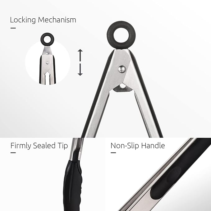 Kitchen Tongs, U-Taste 7/9/12 inches Cooking Tongs, with 600쨘F High Heat-Resistant Non-Stick Silicone Tips, 18/8 Stainless Steel Handle, for Food Grill, Salad, BBQ, Frying, Serving, Pack of 3(Black)