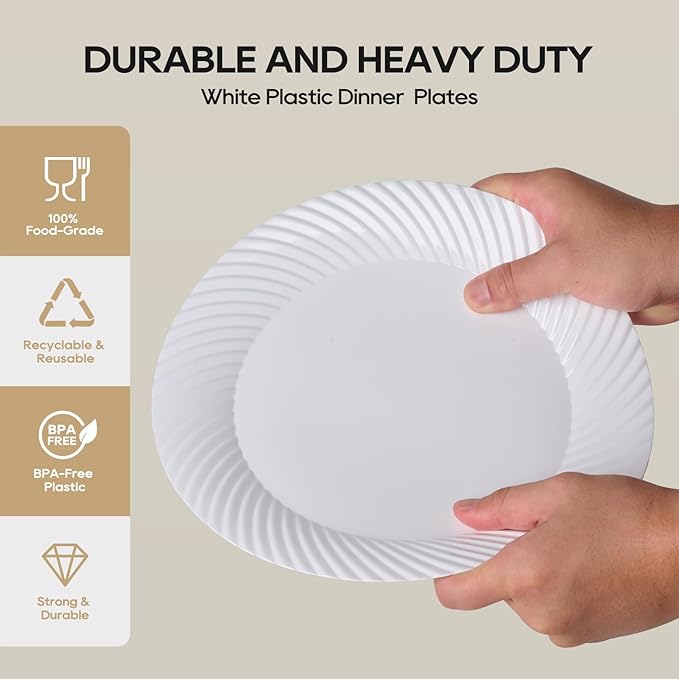 FOCUSLINE 10 Inch White Plastic Plates,100 Count Disposable Heavy Duty Dinner Plates, Premium Hard Plastic for Weddings, Parties and Events