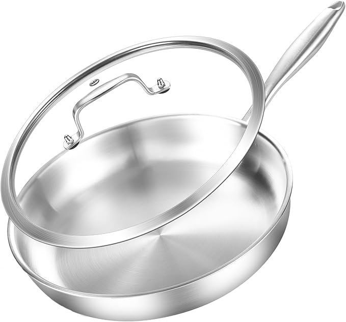 DELARLO Stainless Steel Pan 10.3Inch, Triply Stainless Steel Frying Pan with Lid, Heavy Duty, Compatible with Induction, Gas and Electric up to 650?? Fast & Even Heating, Dishwasher, Oven Safe Skillet