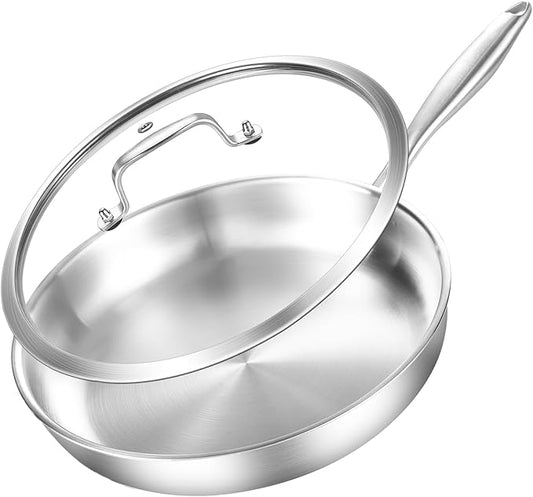 DELARLO Stainless Steel Pan 10.3Inch, Triply Stainless Steel Frying Pan with Lid, Heavy Duty, Compatible with Induction, Gas and Electric up to 650?? Fast & Even Heating, Dishwasher, Oven Safe Skillet