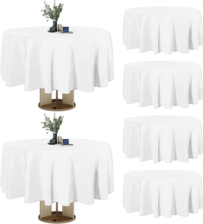 Easy-Going 6 Pack White Tablecloths 70 Inch-Round for 5 Ft Round Table, Washable Polyester Waterproof Stain Resistant Table Cloth, Decorative Table Cover for Kitchen, Dining Tables, Events