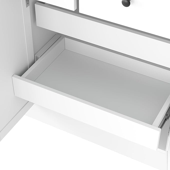 75-inch Tall Kitchen Pantry Cabinet, Freestanding Buffet with Hutch, Storage Cabinet with 4 Drawers, Door Shelves and Pull-Out Trays for Dining Room (White + MDF + Farmhouse)