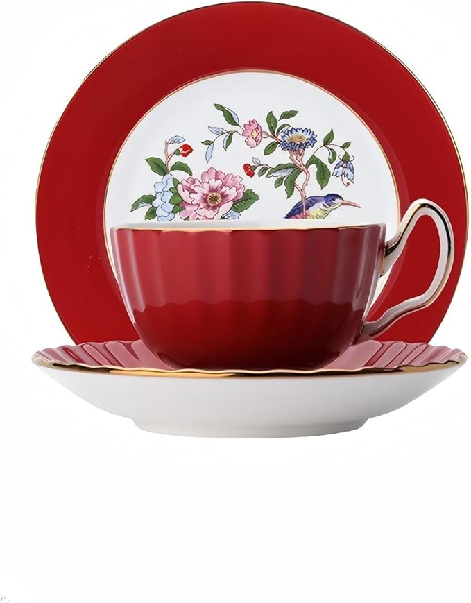 Aynsley Pembroke Glaze Oban 2-Piece Fine Bone China Teacup & Saucer - 6oz (180ml), Handpainted Floral with Gold Trim - Vintage Gift Set-Red