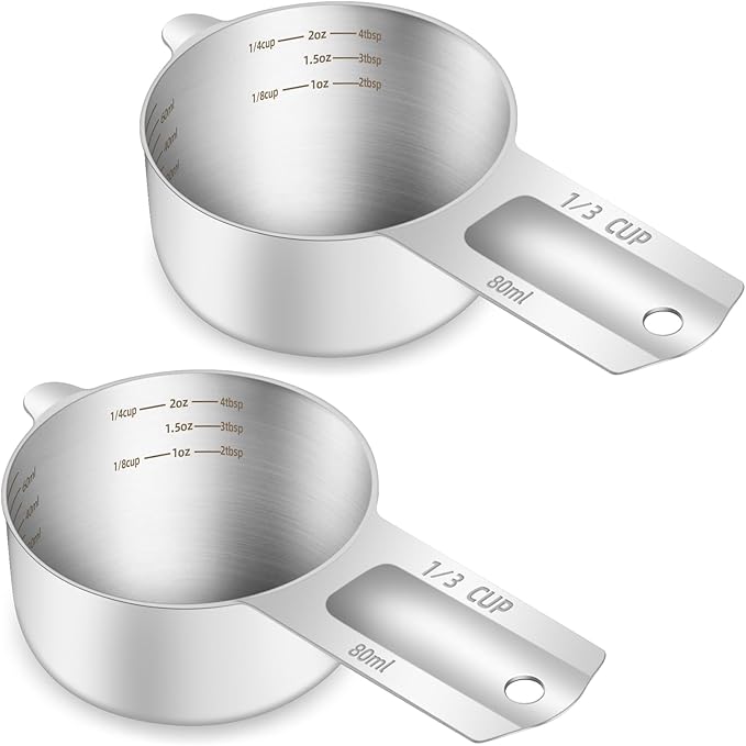 BERYLER 2PCS 1/3Cup (80ml, 2.6oz) Single Measuring Cup, Etched Inner Scale Stainless Steel Measure Scoop, Metric and US Measurement, Dishwasher Safe
