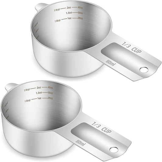 BERYLER 2PCS 1/3Cup (80ml, 2.6oz) Single Measuring Cup, Etched Inner Scale Stainless Steel Measure Scoop, Metric and US Measurement, Dishwasher Safe