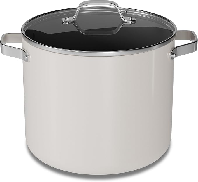 Bakken 16 Quart Ceramic Coated Stock Pot with Lid, Easy Clean Nonstick Pot, Tempered Glass Lid, Riveted Stainless Steel Handles, Oven Safe Up To 500째F, PTFE & PFAS Free, All Stove Compatible, Cream
