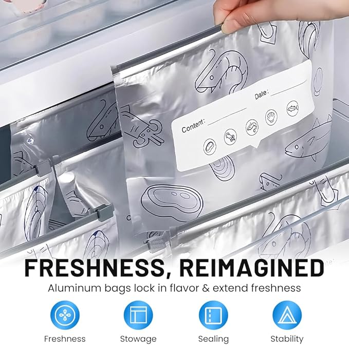 Reusable Aluminum Foil Sealable Storage Bags, 2026 New Resealable Vacuum Zipper Pouches for Food, Stand Up Foil Sealable Bags with Label and Zip Lock for Vegetable Fruit Meat (10Pcs, Medium)