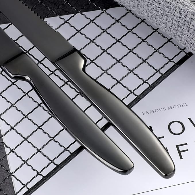 Black Steak Knife Sets, 6-Pieces Stainless Steel Kitchen Steak Knives-Easy to Clean and Non-Stick, 8.6 Inch, Dishwasher Safe