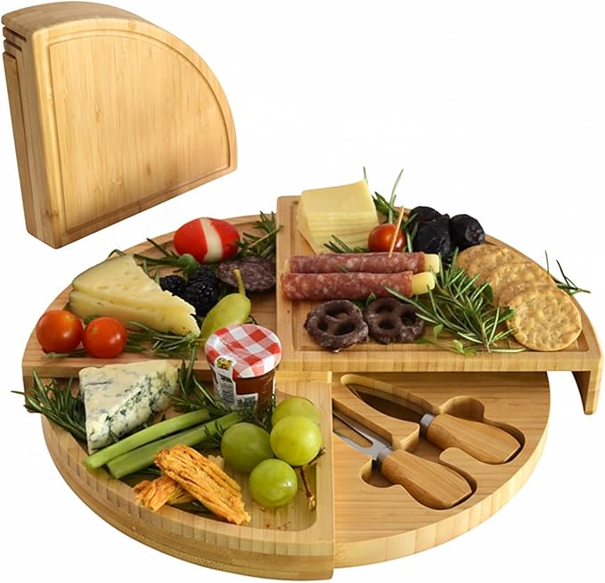Picnic at Ascot Bamboo Board for Appetizers with Cheese Tools - Stores as a Space Saving Wedge - Opens to 13" Diameter ??Designed by Picnic at Ascot - USA Patented & Quality Assured