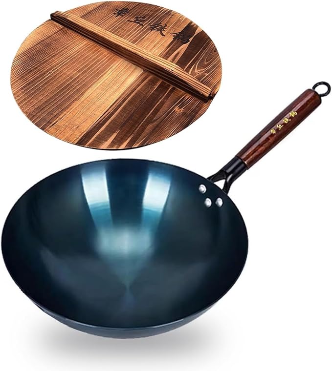 14 Inch Chinese Hand Hammered Iron Wok and Stir Fry Pans with Wooden Handle and Lid Round Bottom Wok Pan Non-stick No Coating Ideal for Home Use and Gift Giving