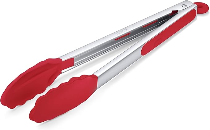 Salad Tongs, 7/9/12/16 Inch Silicone Food Tongs with 304 Stainless Steel Core, Easy-Grip, in Pistachio, Black, Blue, Orange, Red (Red, 12inch)