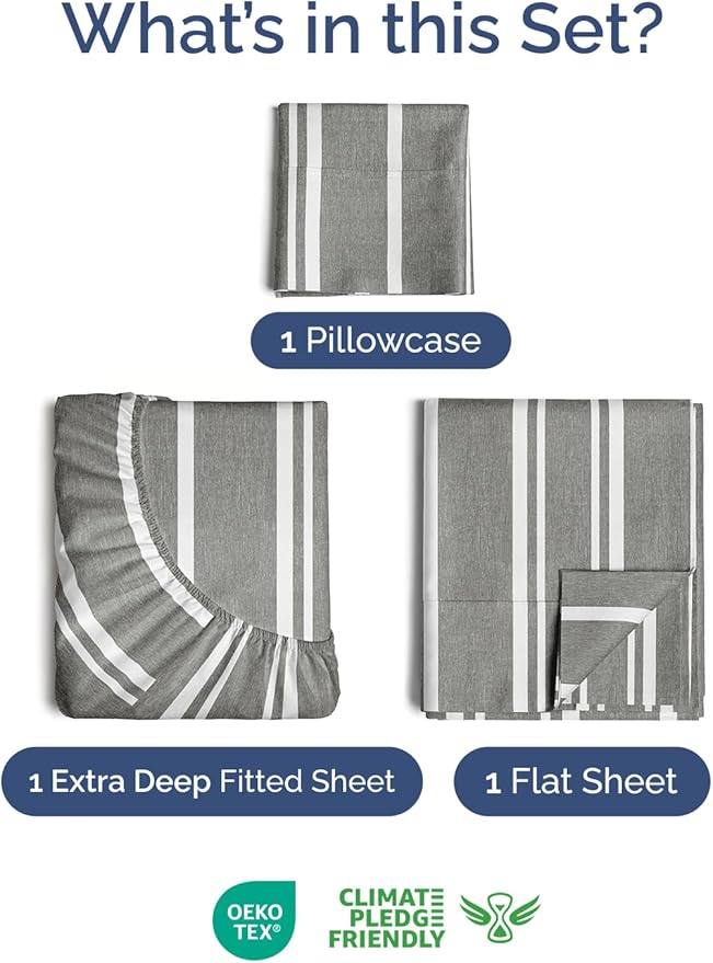 Extra Deep Pocket Twin XL Sheets - 3 Piece Breathable & Cooling Bed Sheets - Hotel Luxury Bed Sheet Set - Soft, Wrinkle Free & Comfy - Easily Fits Extra Deep Mattresses - Grey Striped Sheets Set
