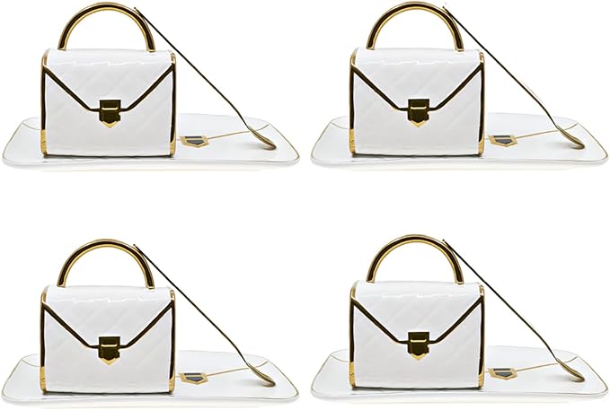YnsfreeCeramic Purse Coffee Mugs Set Tea Cup Unique Bag shaped mug and Saucer Set with Spoon and Saucer For Women Thanksgiving Christmas Gifts (white set of 4)