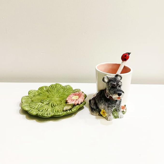 Ceramic Animal Coffee Mug Cup and Saucer Set竊?00ML(6.8OZ) 3D Hand-painted Tea Cup with Spoon (Grey)