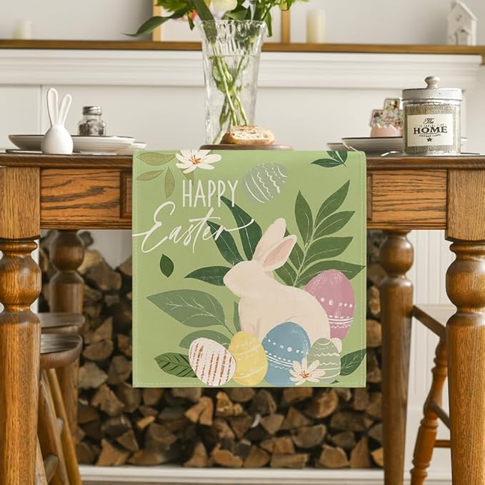 Artoid Mode Green Bunny Eggs Leaves Flowers 210 GSM Easter Table Runner, Seasonal Spring Kitchen Dining Table Decoration for Home Party Decor 13x72 Inch