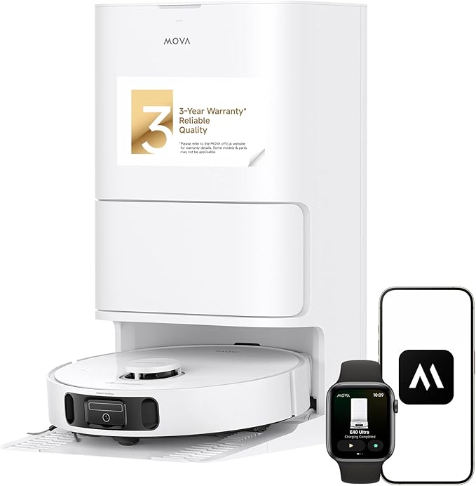 Mova E40 Ultra Robot Vacuum and Mop, 19,000Pa Suction, Extenable & Liftable Mop, All-in-One Station, Auto-Empty, Auto Washing & Hot Air Drying, 360째Obstacle Avoidance, App & Voice Control
