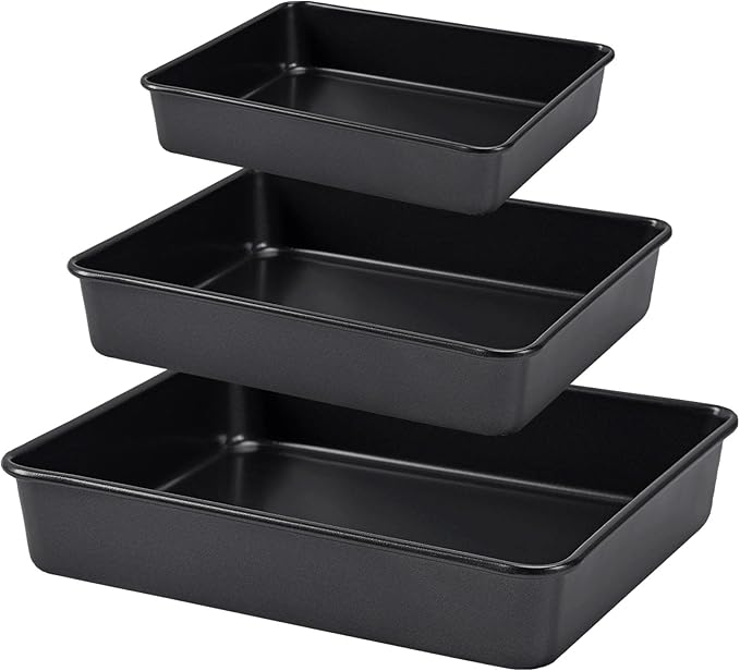 CAMOFOXIN Nonstick Roasting Pan, Deep Baking Pan Set, Large Cake Pan Sets for Oven, 3-Piece Brownie Pan （Black）