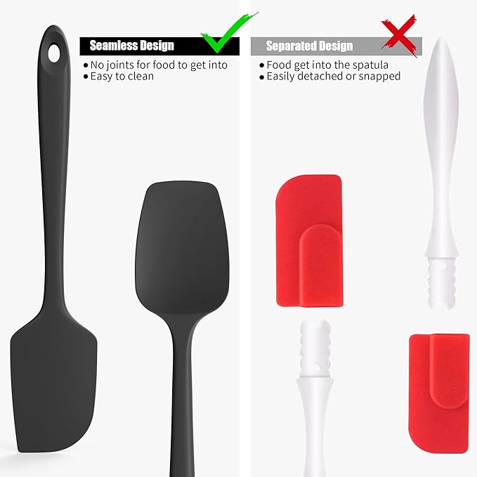 2-Piece Silicone Scraper & Spoon Spatulas: Doosu 600째F Heat Resistant Food Grade BPA Free Rubber Baking Flat Spatula Kitchen Cooking Spoonula for Mixing, Scraping, Folding, Stirring, Serving (Black)