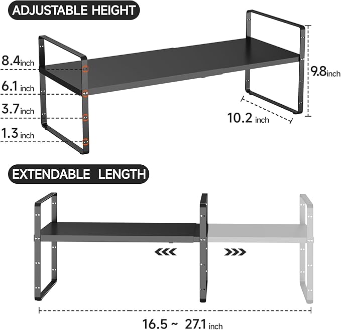 16.5-27?쇺셂 Expandable Kitchen Shelf Organizer, Stackable Shelves Organizer, Adjustable Height Pantry Spice Rack for Cabinet, Countertop, Pantry and Cupboard, Black