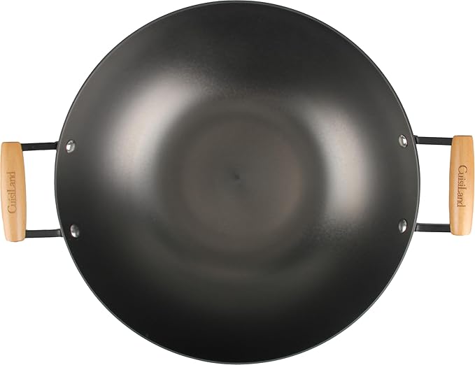 Cuisiland 14??Nitrided Cast Iron Wok ??Double-Handle Skillet, Rust-Resistant, Naturally Non-Stick, Beechwood Handles, Classic Cast Iron Heat Retention for Stir-Frying