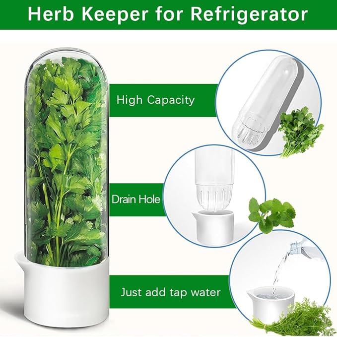 2 Pack Herb Keeper for Refrigerator, Clear BPA-Free Fresh Herb Saver, Fridge Storage Container for Cilantro, Parsley, Thyme, Mint & Asparagus for 2-3 Weeks