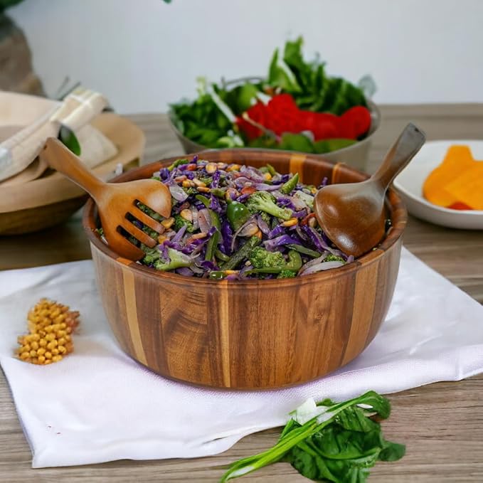 Extra Large Wooden Salad Bowl - 12??x 5??Acacia Wood Serving bowl with 2 servers, Large Fruit bowl for food with serving utensils, Housewarming Wedding Christmas Gift