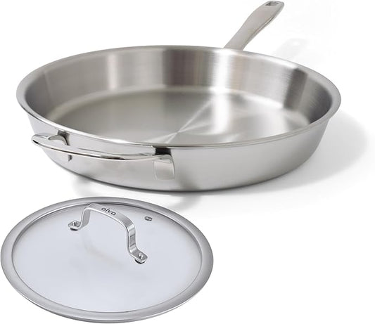 Alva Maestro 11" 5-Ply Stainless Steel Frying Pan & Glass Lid ??Made Without PTFE/PFOA/PFAS, Non-Toxic & Oven Safe Cookware ??Induction Compatible, Even Heat Distribution, Ergonomic Stay-Cool Handle