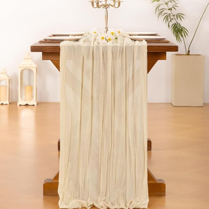 Socomi Beige Valentine's Day Cheesecloth Table Runner Boho Rustic Gauze 120 inch 10FT Cheese Cloth Runner for Wedding Party Baby Shower Birthday Home Decor Holiday Decorations