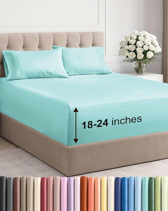 Extra Deep Pocket Cal King Sheets - 4 Piece Breathable & Cooling Bed Sheets - Hotel Luxury Bed Sheet Set - Soft, Wrinkle Free & Comfy - Easily Fits Extra Deep Mattresses - Deep Pocket Spa Blue Sheets