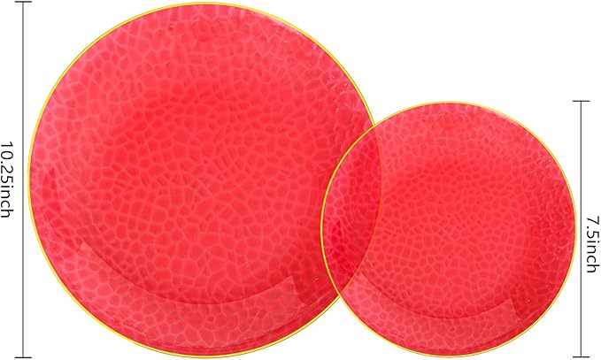 SUT 36Pcs Red Plastic Plates, Hammered Plates Disposable Heavy Duty, Red Disposable Plates With Gold Rim, Fancy Plastic plates Include 18 Dinner plate and 18 Dessert plate for Wedding